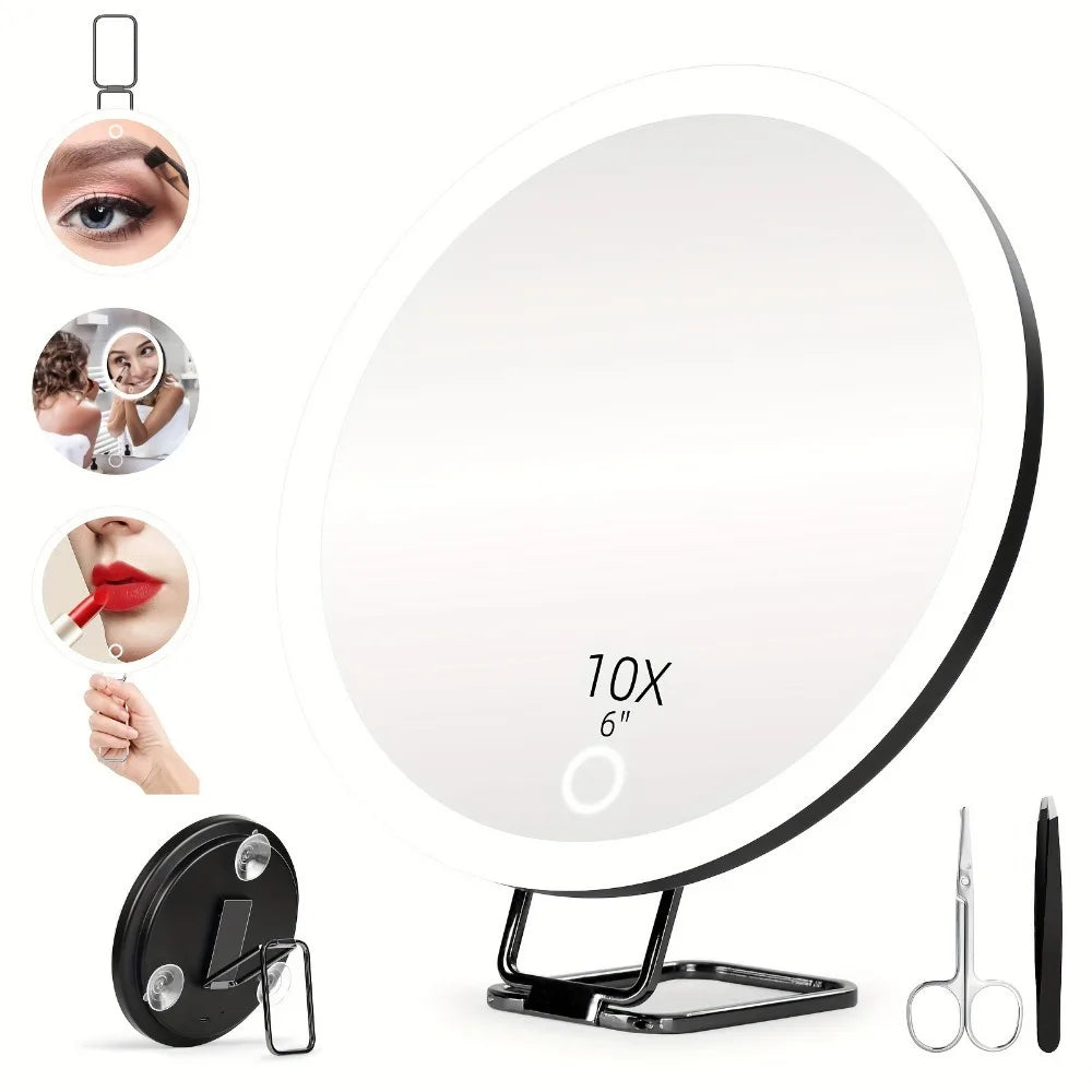 6 Inch Magnifying Mirror with Light - 5-30X Portable Travel Mirror with 360° Adjustable Stand and Suction Cup