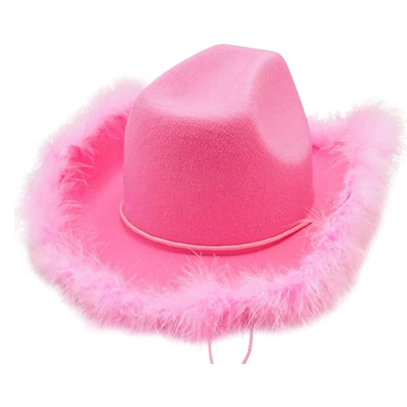 Fluffy Feather Brim Cowboy Hat - All-Match Pink Cowgirl Hat for Mardi Gras and Rave Parties, Model M6CD