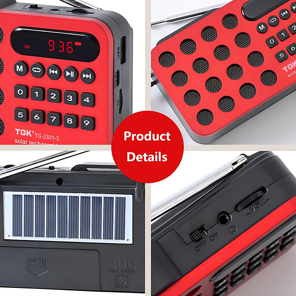 Rechargeable Mini Solar FM Radio and Bluetooth Speaker - Portable Wireless Music Player with USB, TF Card Support and FM Receiver