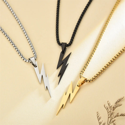 Stainless Steel Lightning Pendant Necklace – Unisex Fashion Jewelry for Hip Hop and Motorcycle Enthusiasts