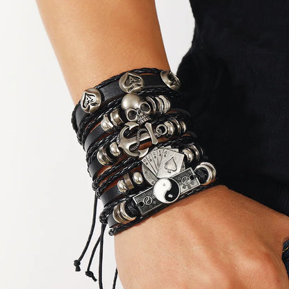 Fashion Black Skull Multi-Layer Beaded Leather Bracelet Set for Men - Adjustable DIY Winding Rope