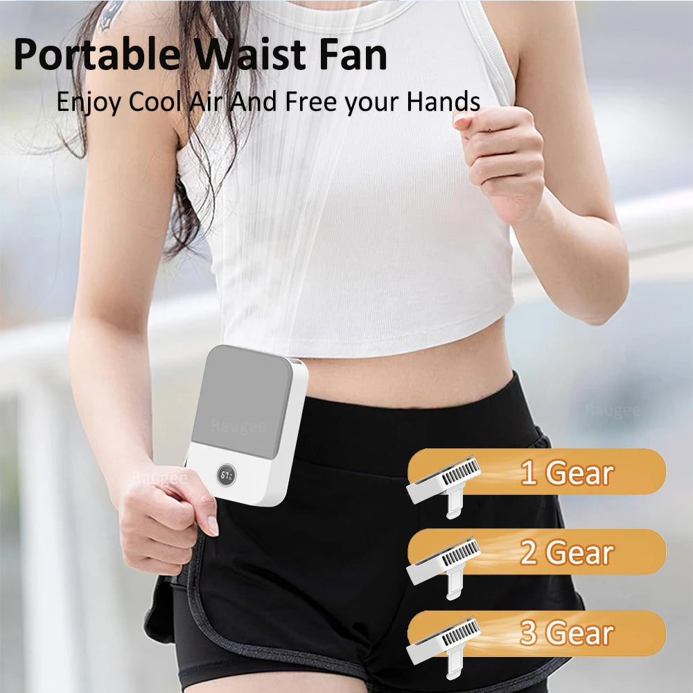 Portable Waist Fan – Mini Bladeless Hanging Neck Fan with 3 Gear Settings, USB Rechargeable 2000mAh Air Cooler for Outdoor Use