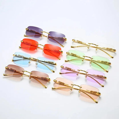 New Rimless Rectangle Sunglasses – Vintage Metal Leopard Head Design, Frameless Tinted Glasses for Women and Men