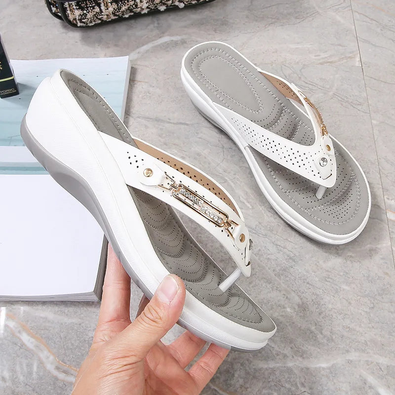 2023 Women's Summer Slippers – Fashion Metal Button Slides, Wedge Beach Sandals, Platform Flip Flops for Leisure