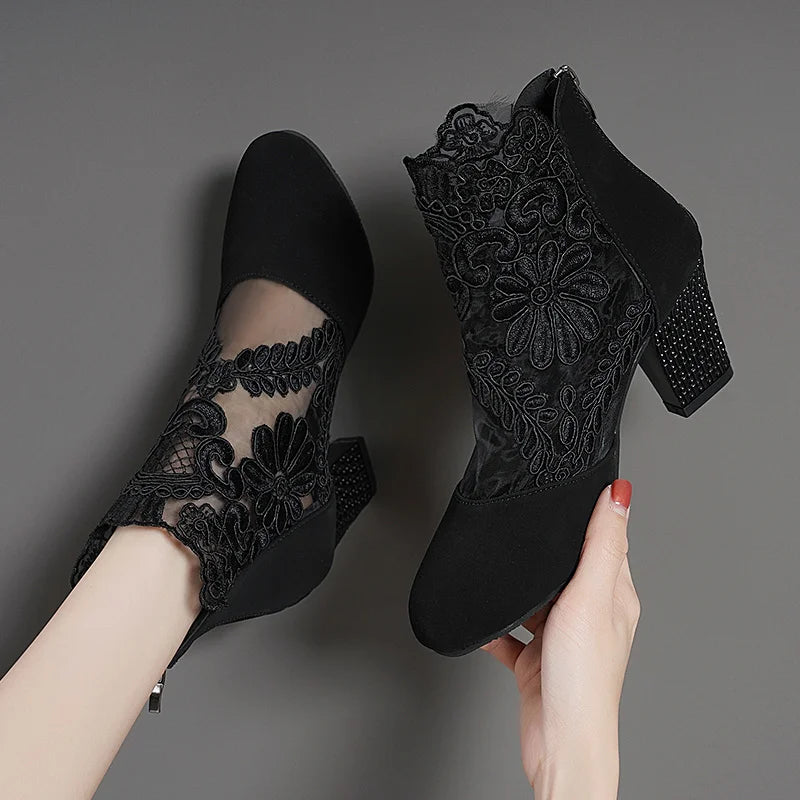 Step into Style: New Fashion Lace Flower High Heels with Ankle Strap - Round Toe Hollow Out Sandals, Zip Pumps for Women