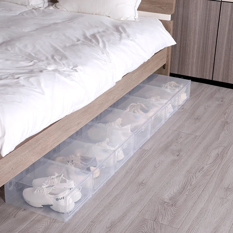 6pcs Set Foldable Plastic Shoe Cases - Thickened Transparent Stackable Drawer Boxes for Shoe Organization