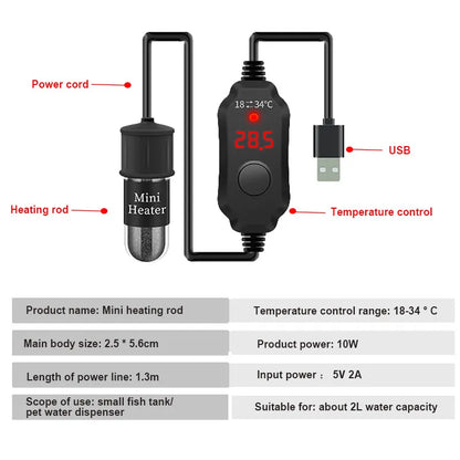 Mini Submersible Aquarium Heater - Adjustable Thermostat, USB Charging, Ideal for Fish Tank Heating (18-34°C)