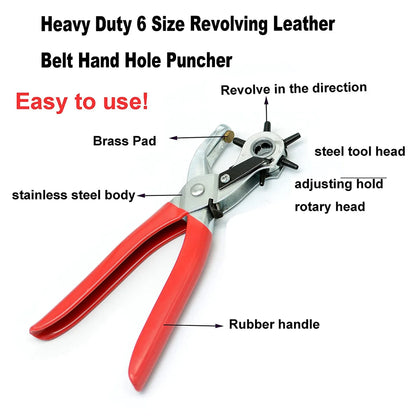 Heavy Duty Leather Hole Punch: 9" Belt Hole Puncher with 6 Size Revolving Hand Tool