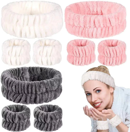 Women's Face Wash Wristband Set - Absorbent Waterproof Headband and Wristbands for Makeup Removal and Hair Care