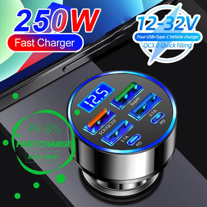 250W PD Car Charger - QC3.0 Fast Charge, 5-Port Cigarette Lighter Plug with Digital Display, Flash Charge