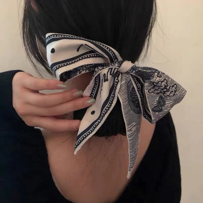 Fashion Skinny Silk Scarf for Women - Luxury Twill Print, Tie Handle Ribbon, Hair Band and Headscarf