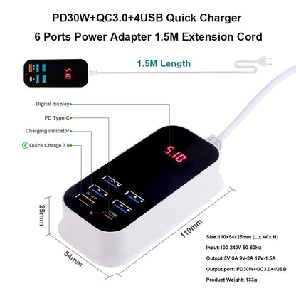 30W PD Type C Fast Charger: Multiple USB Wall Charger Adapter with Quick Charging - UK EU US Plug for Mobile Phones