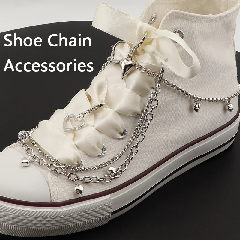 Sweet Cool Stainless Steel Shoe Decorations: Hollow Star Love Pendant Pearl Double Layer Bling Rhinestone Shoe Chain Croc Charms