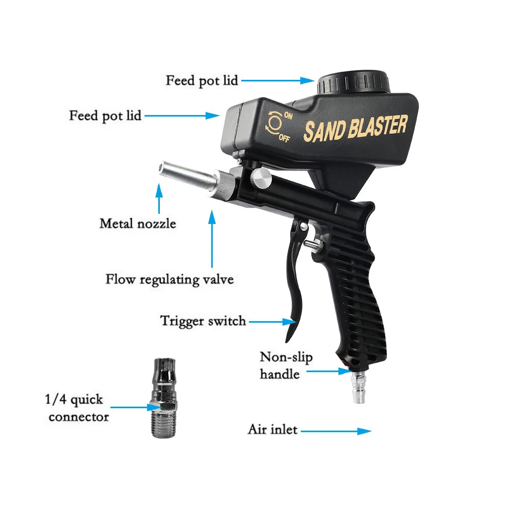 Adjustable Sandblasting Gun - Portable 90 Psi Sand Blaster Paint Spray Machine - Gravity Pneumatic Small Handheld Blasting Gun Set