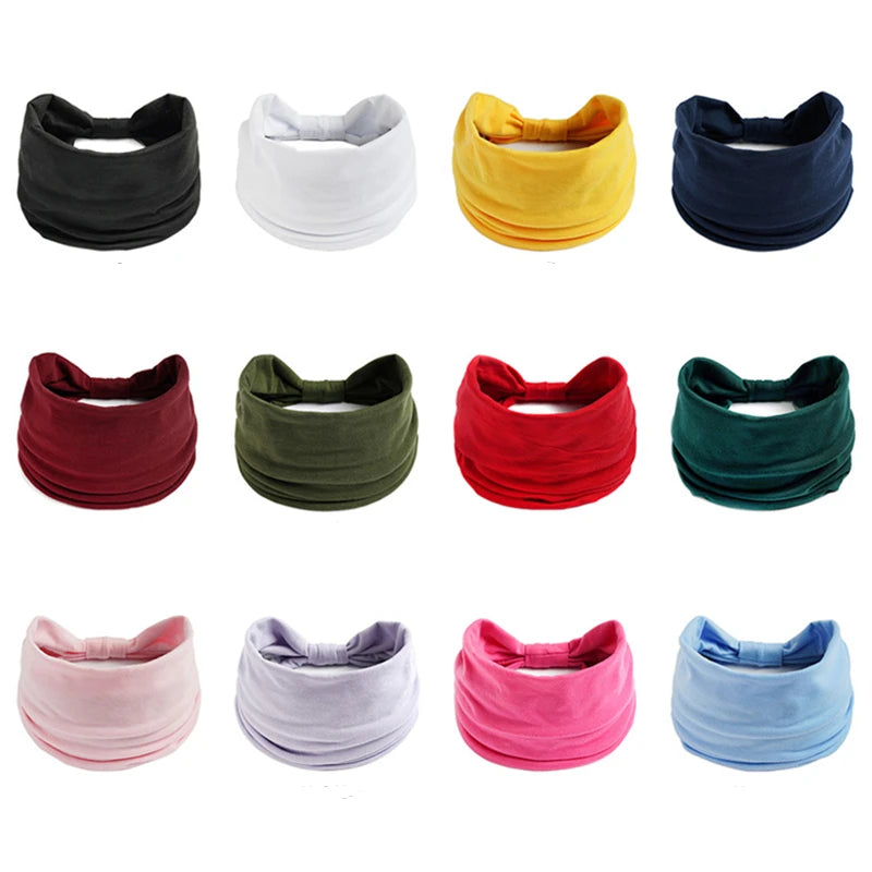 New Boho Wide Headbands: Solid Color Vintage Knot Elastic Turban Headwrap for Women & Girls - Soft Cotton Hair Accessories