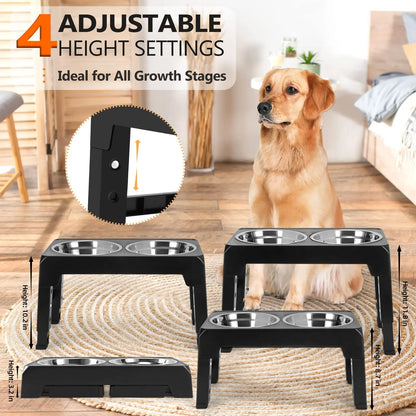 Adjustable Elevated Dog Feeder Stand - Double Stainless Steel Bowls - Ideal for Small, Medium & Large Dogs - Raised Bowls for Comfortable Dining