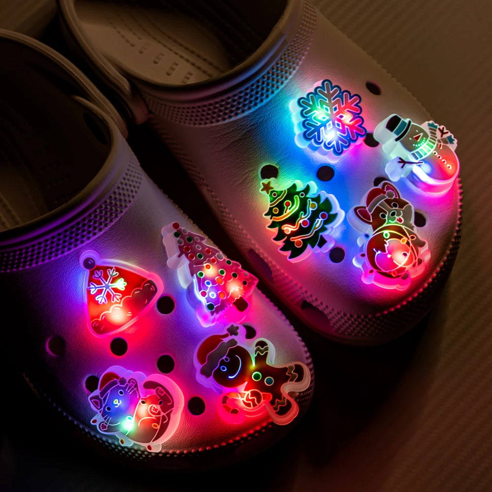 LED Christmas Shoe Charms - Luminous Decorations Featuring Santa Claus, Snowman, Gingerbread Man, Dog, and Cat for Clogs