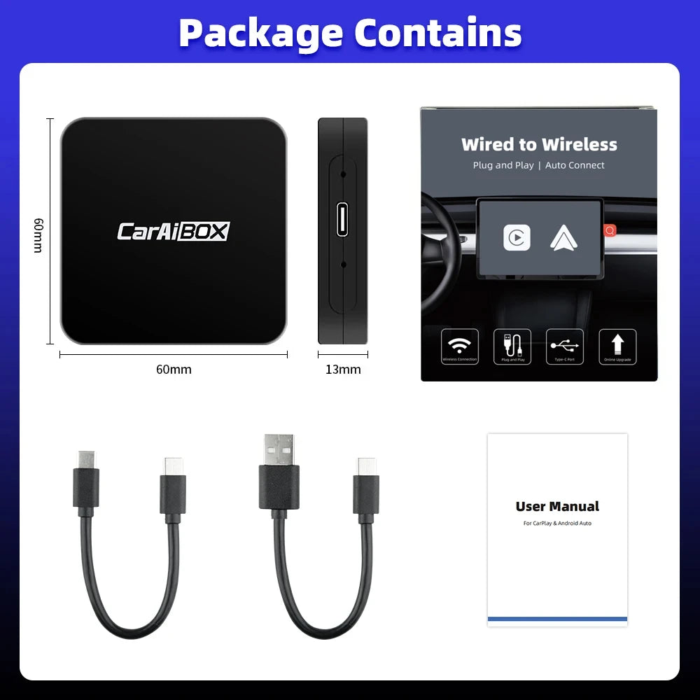 CarAIBOX 2 in 1 Wireless CarPlay Dongle – Wireless Android Auto Box for Car Radio with Wired CarPlay Compatibility