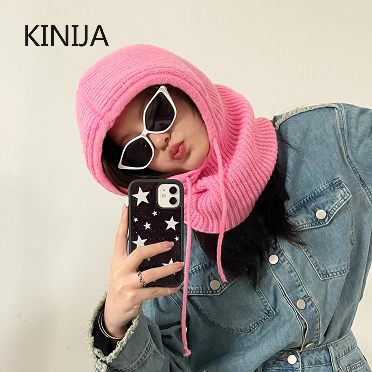 Women's Knitted Balaclava Fashion Hooded Hat: Thick Warm Beanie Winter Hat with Fake Collar Shawl