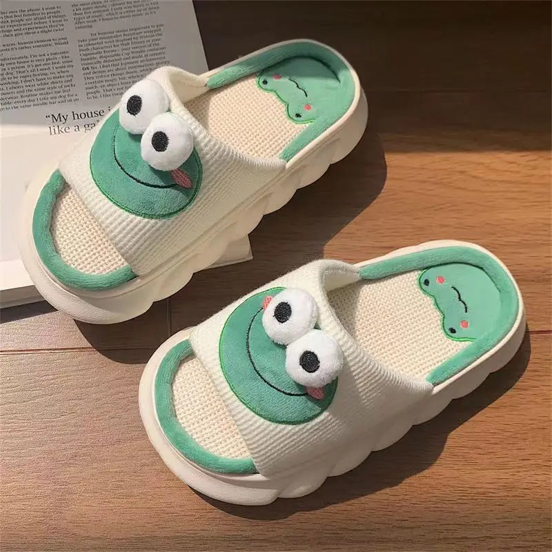 Cute Cartoon Frog Slippers: Winter Warm Indoor Home Slides with Thick Linen Sole - Couple Slipper Bedroom Anti-Slip Shoes Sandals for Women