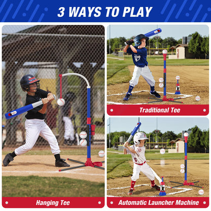 3 in 1 T Ball Set for Kids – Baseball with Hanging Tee, Standing Tee, and Automatic Launcher, Includes 6 Softballs, Indoor and Outdoor Sport Gift