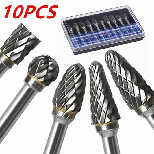 10pcs Carbide Burr Set - Double Cut Rotary Files for Woodworking & Carving, Tungsten Steel Milling Cutters