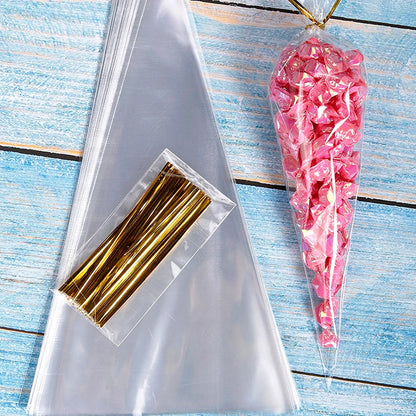 50pcs Candy Bags - Cellophane Popcorn Cone Cookies Storage Bags with Gold Twist Ties - Wedding & Birthday Party Favors