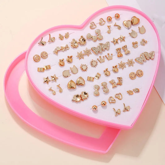 Random 36 Pairs/Lot Lovely Mini Earring Set - Cute Snowflakes, Cat, Butterfly Stud Earrings for Girls' Fashion Daily Ear Jewelry