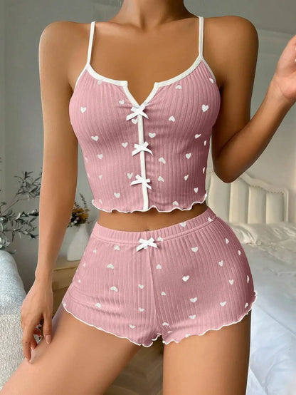 Women's Sleepwear Pajama Set - Heart Print Soft Ribbed Fabric with Flirty Frill Trim, Cami Top and Shorts Loungewear