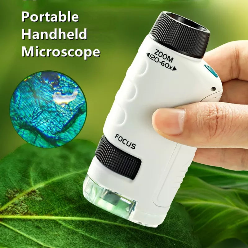 Pocket Microscope Kids Science Toy Kit: 60-120x Educational Mini Handheld Microscope with LED Light - Outdoor STEM Toy for Children