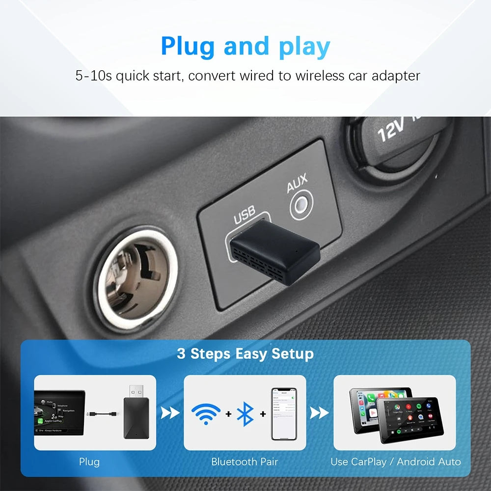 Wired to Wireless CarPlay and Android Auto AI Box - 2 in 1 Mini Adapter, Plug and Play Dongle for Fast Connection Compatible with 99% of Cars