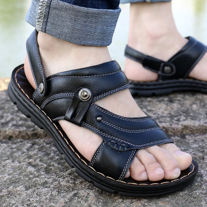 Men's Summer Genuine Leather Sandals – Thick-Soled, Non-Slip Beach Shoes, Slippers for Adults