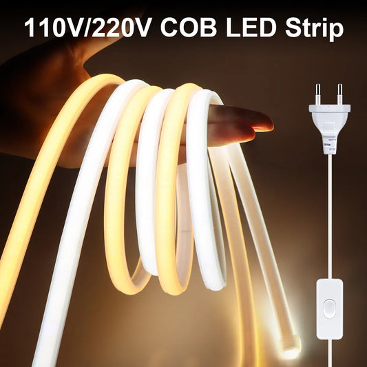 110V 220V COB LED Strip Lights: CRI RA90 288LEDs/m Flexible Waterproof Outdoor Lamp with EU Plug for Kitchen Home Room Decoration