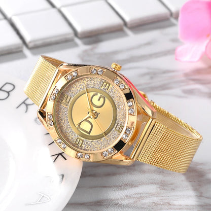 Luxury DQG Crystal Quartz Women's Watch - Gold and Silver Stainless Steel Dress Watch . Zegarek Damski