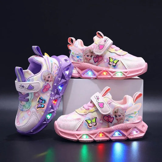 Disney LED Sneakers for Girls: Spring Elsa Princess Print Pu Leather Shoes - Children's Lighted Non-Slip Pink Purple Casual Footwear