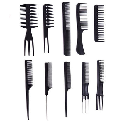 10pcs Black Makeup Comb Set - Styling and Hairdressing Combs in 10 Designs, Barber Training Tail Combs for Salon Use