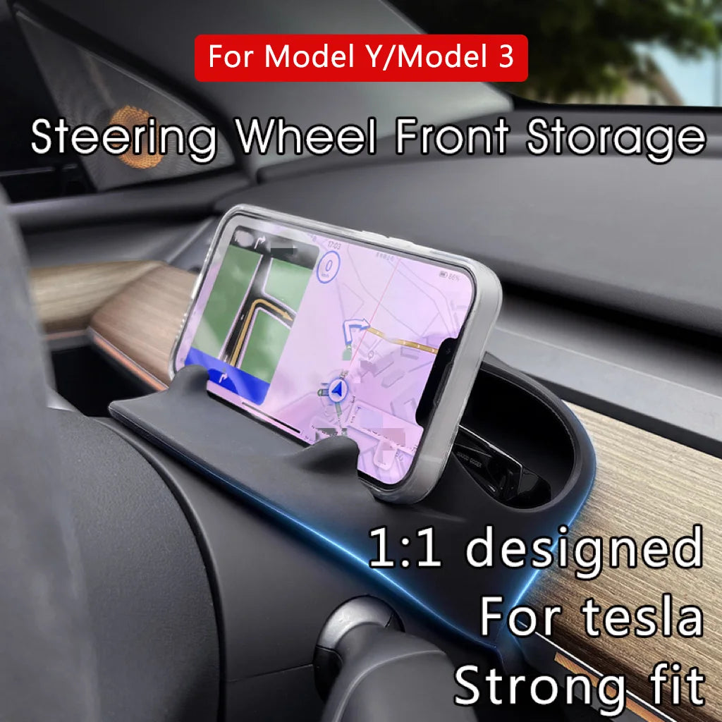 Tesla Model 3 Y Steering Wheel Storage Box | Silicone Phone Holder Glasses Storage Car Accessories