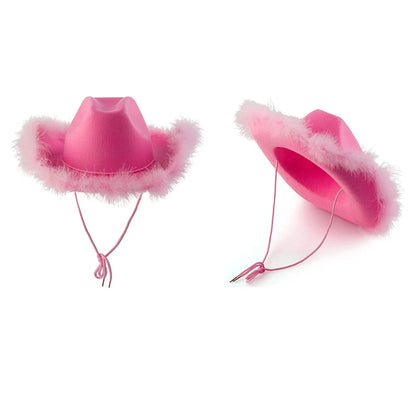 Fluffy Feather Brim Cowboy Hat - All-Match Pink Cowgirl Hat for Mardi Gras and Rave Parties, Model M6CD