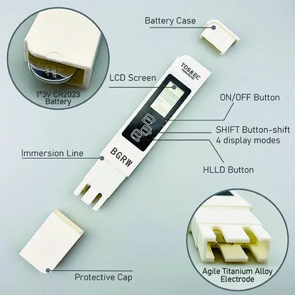 White Digital Water Quality Tester | TDS EC Meter, Range 0 to 9990, Multifunctional Purity Temperature PPM Tester