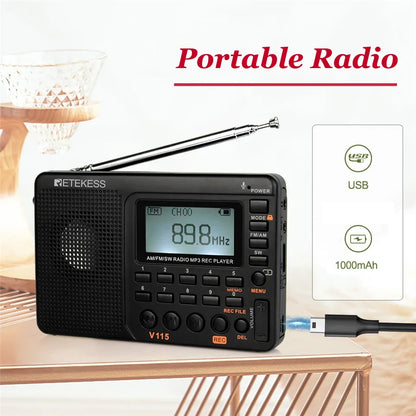 Portable Rechargeable Radio FM/AM/SW - All Full Waves Shortwave Radio with USB Recorder and Speaker, Ideal for Kids and Seniors