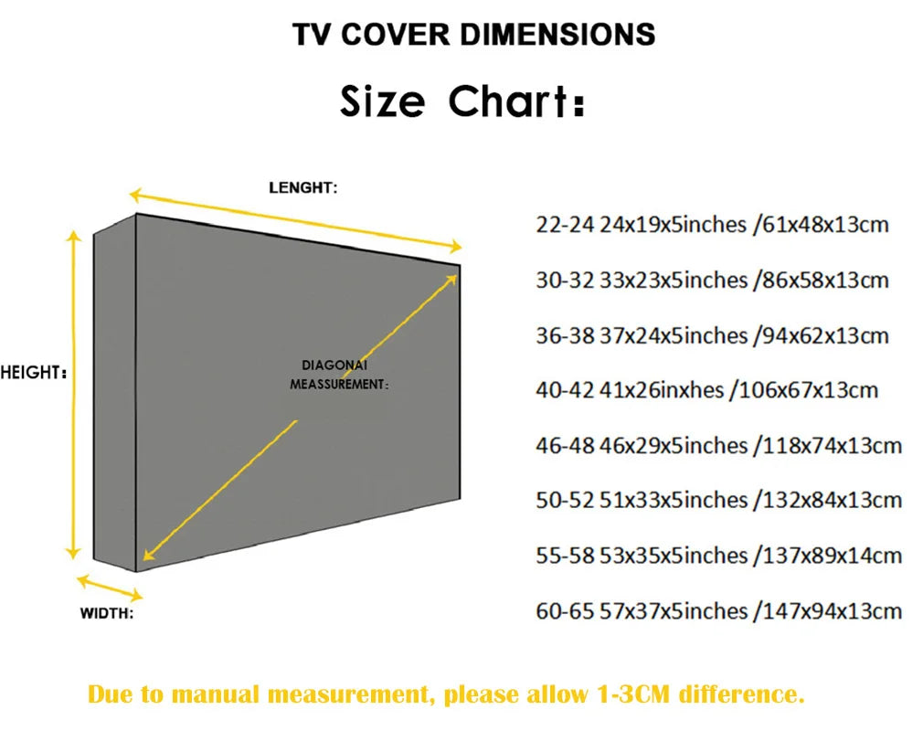 Weatherproof Outdoor TV Cover for Garden Patio - Dust-Proof Screen Protector, Sizes 32" 36" 40" 46" 50" 55" 60" 65"