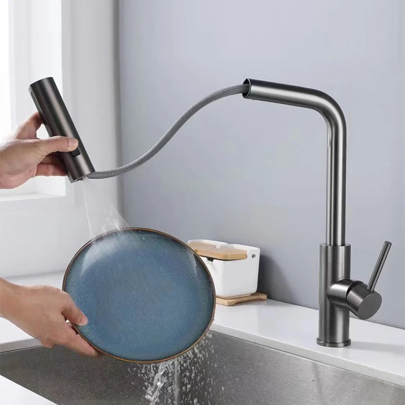 YCRAYS Black Kitchen Faucets - Gray Pull Out Rotation Waterfall Stream Sprayer Head Sink Mixer, Brushed Nickel Water Tap Accessory