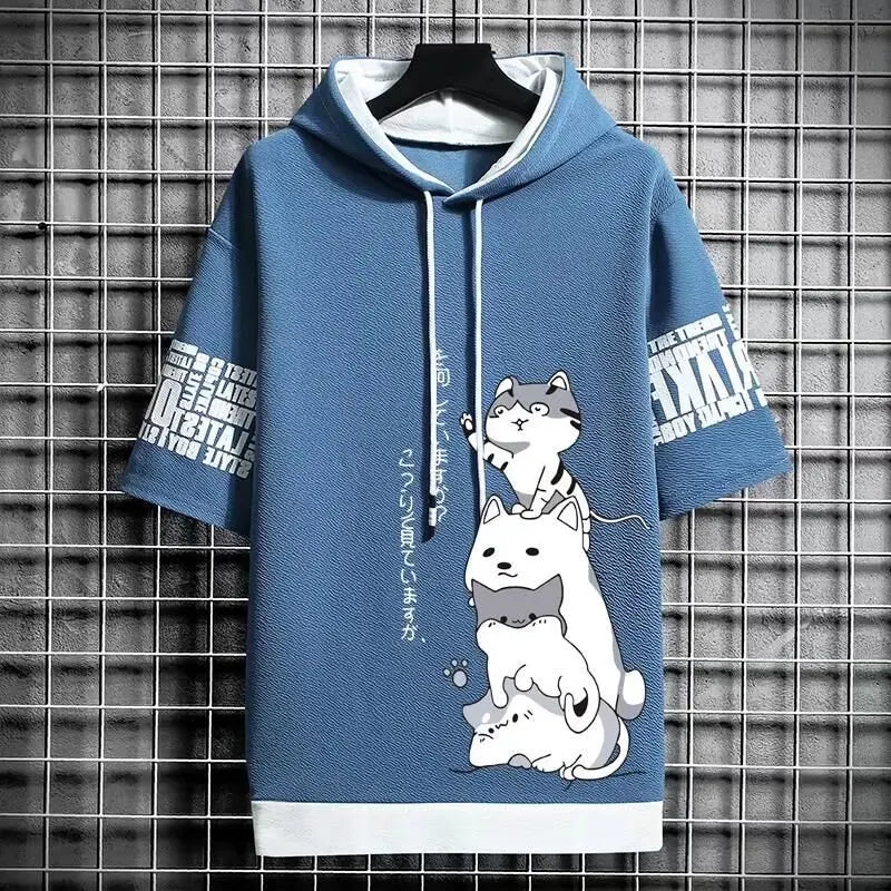 Harajuku Streetwear Hooded Top: Japan Fashion Men's Hoodies - Cartoon Casual Print, Short Sleeve Sweatshirts for Summer Style