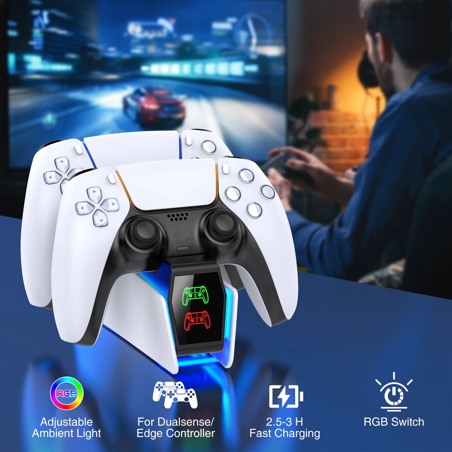 PS5 Dual Fast Charger & RGB Controller Charging Stand | LED Indicator Docking Station for PlayStation 5 Gamepad