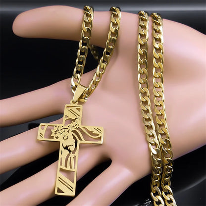 Hip Hop Punk Crown of Thorns Jesus Cross Necklace - Gold Plated Stainless Steel Crucifix Pendant for Men, Jewelry N8052