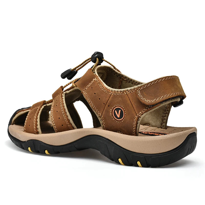 Summer Men's Genuine Leather Sandals – Casual Outdoor Beach Shoes, Roman Style, Plus Sizes 38-48