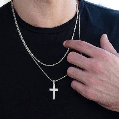 Waterproof Cross Necklace for Men – Anti-Allergy Stainless Steel Plain Cross Pendant with Rope Chain – Ideal Male Gifts Jewelry