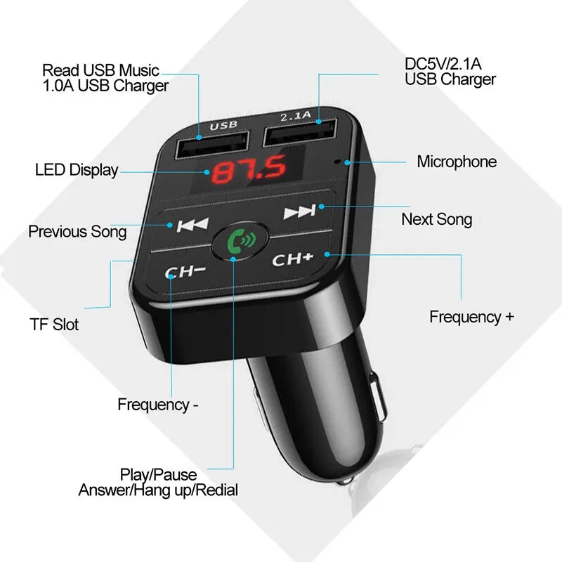 Car MP3 Bluetooth Receiver Player - Handsfree Call FM Transmitter with Card Slot - USB Multifunction Music Drive