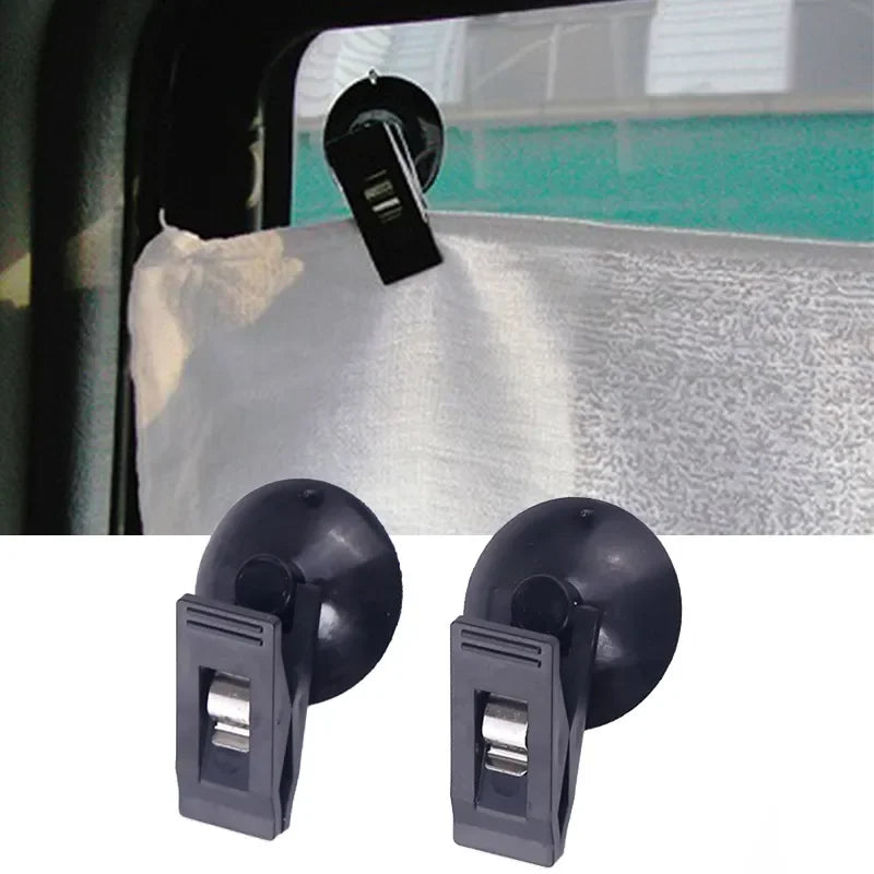 1 Pair Black Suction Cap Clip Car Interior Window Mount - Removable Holder for Sunshade, Curtain, Towel, Ticket