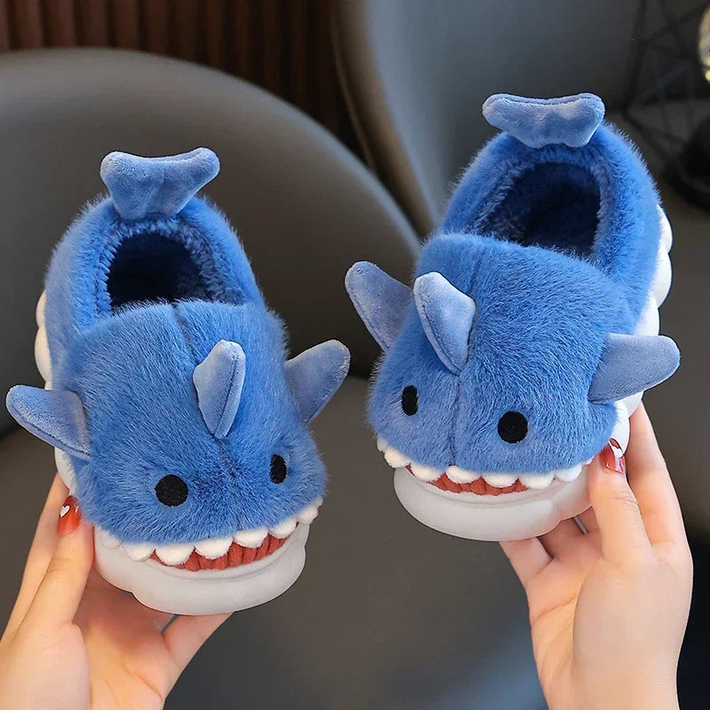 Cute Cartoon Shark Winter Heel Wrap Slippers for Kids - Non-Slip Soft Sole Plush Home Shoes for Boys and Girls